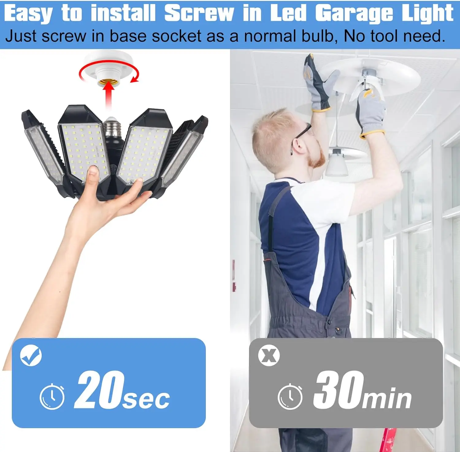 1-2 PCS LED Garage Light Bulbs,  Super Bright Garage Lighting LED Shop Light With 8+1 Adjustable Panels, E27 Screw Socket