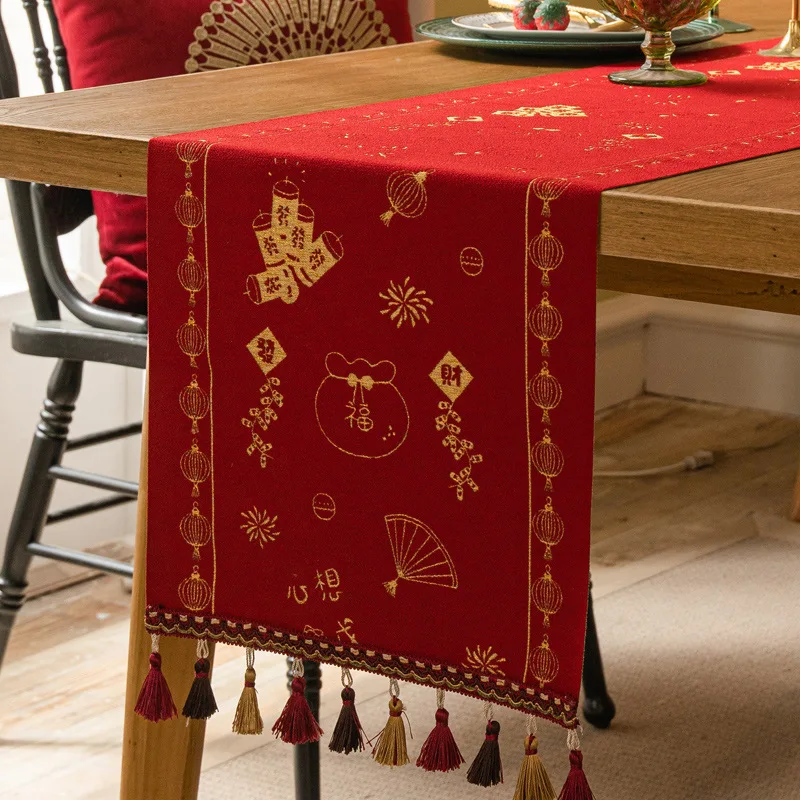 Red Table Runner New Year Festival Long Decorative Cloth Side Cabinet Bucket Cabinet Cover Cloth Atmosphere Sense Tablecloths