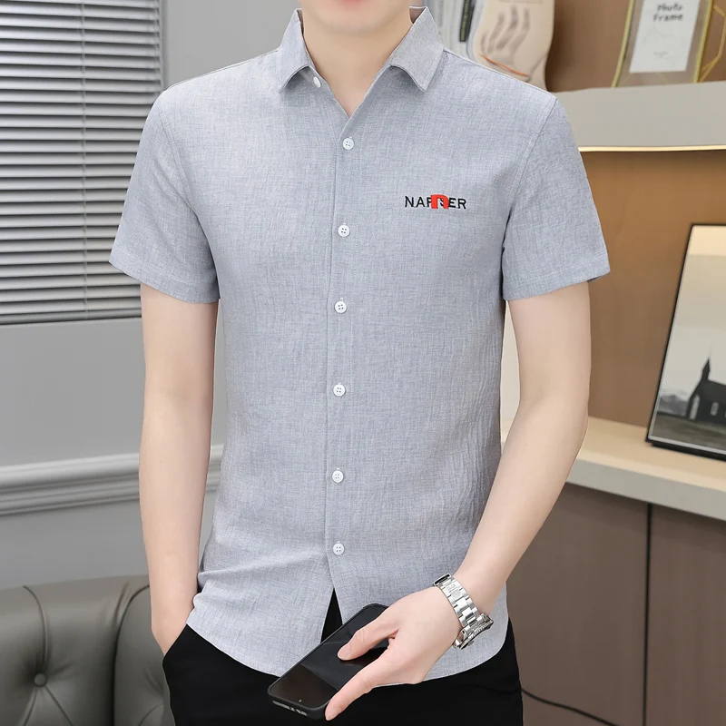 

Summer Men's Clothing Turn-down Collar Solid Color Button Short Sleeve Cardigan Casual Shirt Preppy Style Comfortable Tops