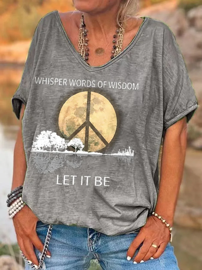 Damen-T-Shirts mit Hippie-Let-It-Bet-Print, Damen-T-Shirt mit V-Ausschnitt, kurzärmelig, lässige, lockere Oberteile