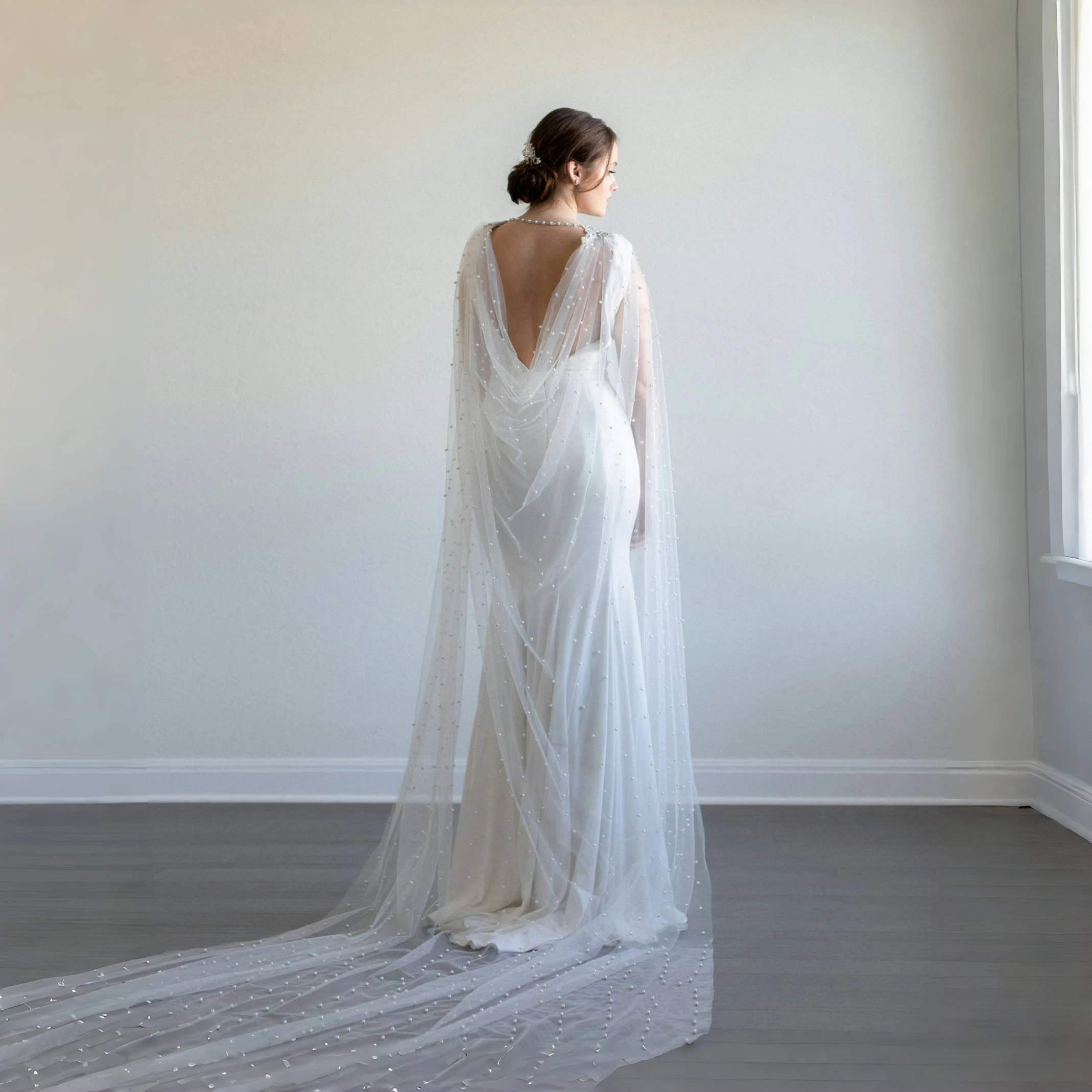 White/Ivory Heavy Beaded Bridal Cape 300cm Cathedral Tulle Shawl with Pearls Elegant Wedding Cover Up for Ceremony GP56