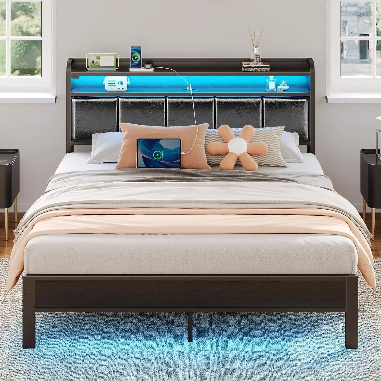 Large bed frame, PU leather headboard with storage rack, no need for box spring, no noise, easy to assemble, black