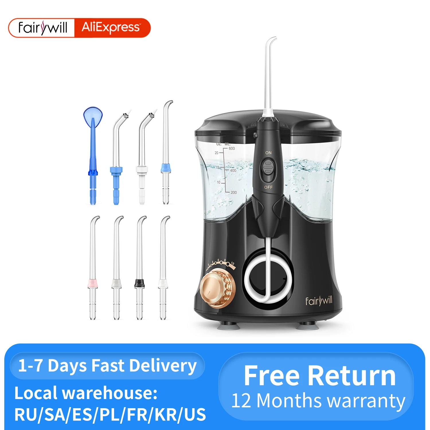 Fairywill Oral Irrigator Water Flosser Dental Electric 600ML WaterTank 10 Level 8 Jet Tips untuk Behel Teeth Cleaner untuk Keluarga