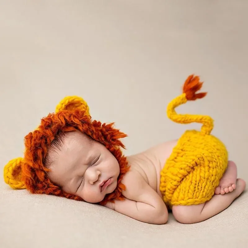 Newborn Photography Props 2pcs/set Boy Girl Costume Set Lion Animal Crochet Knit Handmade Pants Hat Baby Lion Suit Fotografia