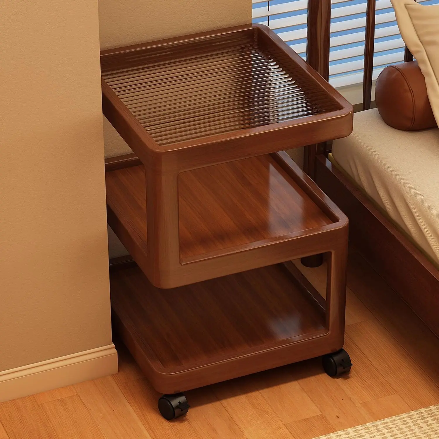 

Прикроватная тумба-столик из дерева квадратной формы на колесиках с бесшумными колесиками, функциональный приставной столик для домашнего декора