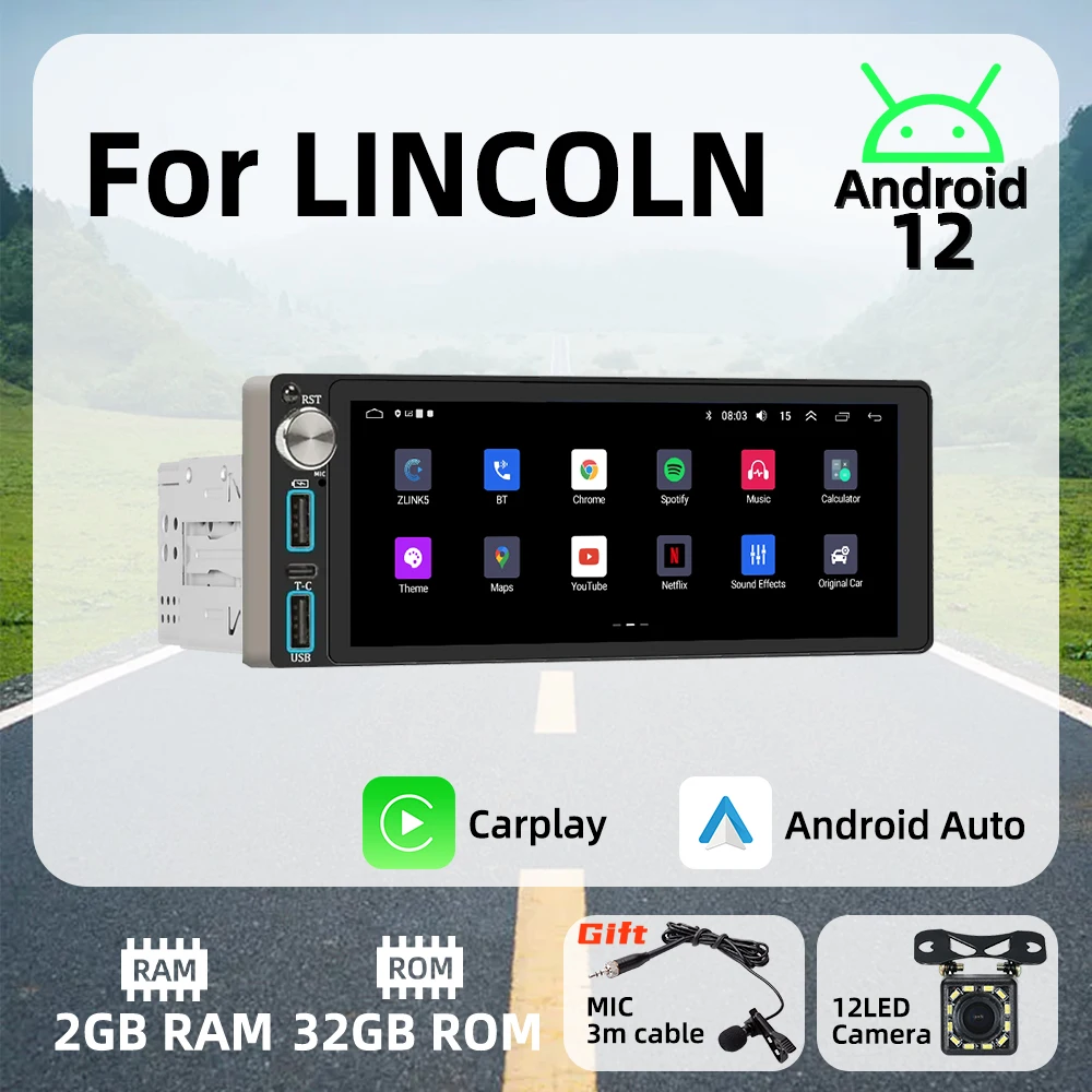 

Wireless Carplay Android Auto Autoradio 6.86" 1Din Radio Android Car Multimedia for LINCOLN Stereo Head Unit GPS Navigation Wifi