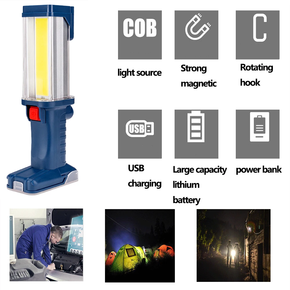 LED COB Flashlight Torch USB Rechargeable LED Work Light Magnetic COB Lanterna Hanging Hook Lamp For Outdoor Camping