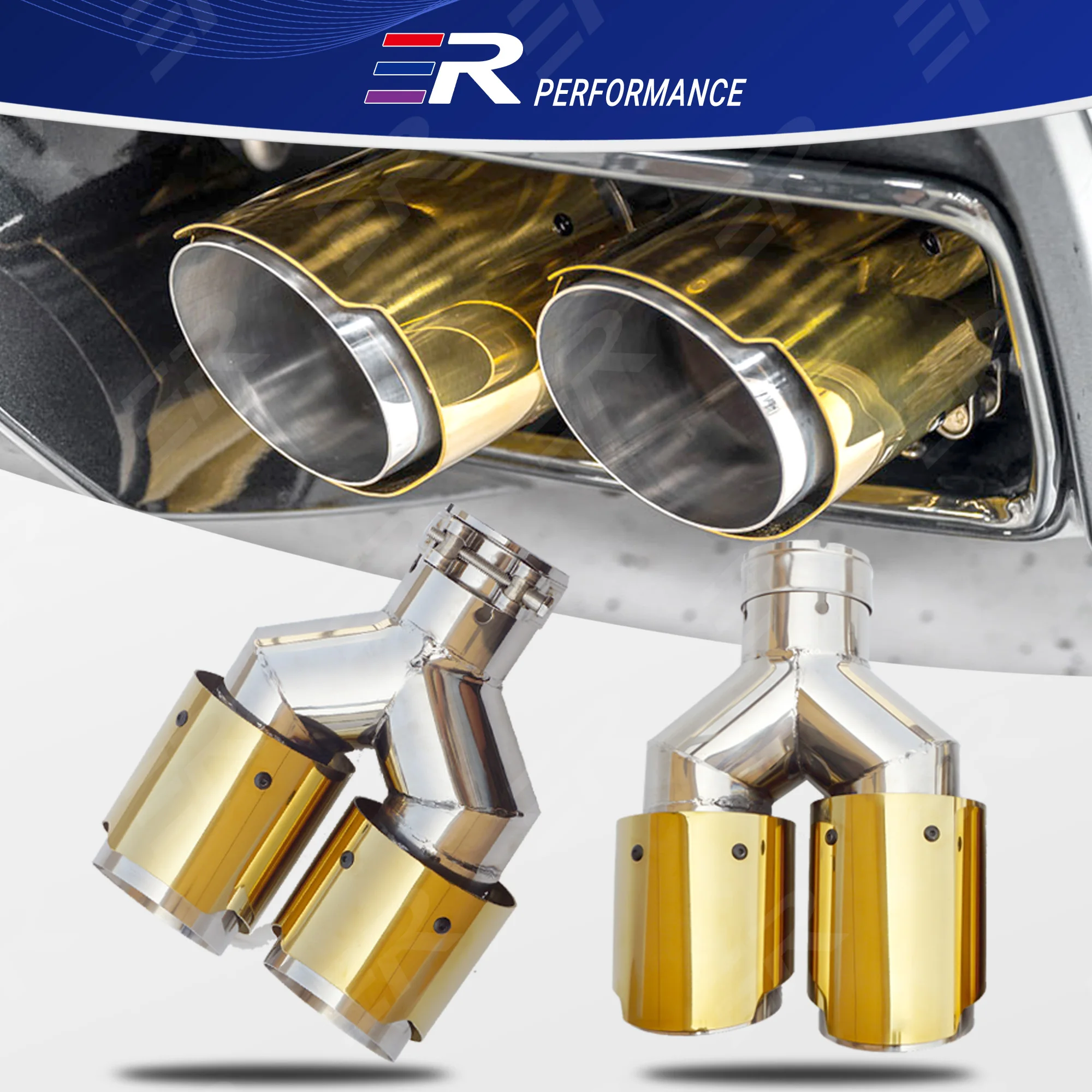 

ER Gold Stainless Universal Exhaust Tip double Exit Car Nozzle Decoration Automobile parts tail Pipes Muffler Upgrade
