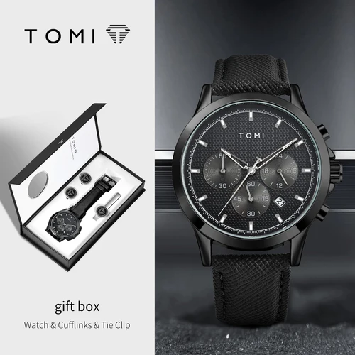 TOMI, conjunto de cuatro piezas de negocios de lujo, reloj de cuarzo para hombre, gemelos informales de moda para hombre, reloj con Clip para corbata, caja de regalo, regalo de Navidad