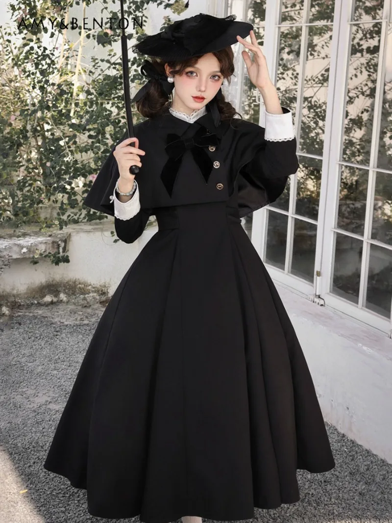 

Элегантное платье Лолиты в британском стиле в стиле ретро, комплекты накидок с круглым вырезом и милым бантом OP, с длинным рукавом, тонкое платье трапециевидной формы с высокой талией для женщин