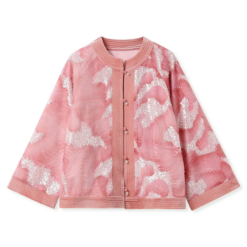 Spring Autumn Chinese Style Beaded Embroiderywomen's Jacket Luxury Mesh Embroidery Temperament Long-sleeved Top Jacket