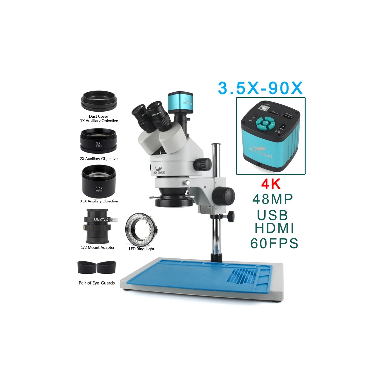 

3.5X-90X Digital Microscope Camera 48MP 4K USB VGA 60FPS Trinocular Stereo Microscope Eyepiece Soldering PCB Mobile Repair 7-45X