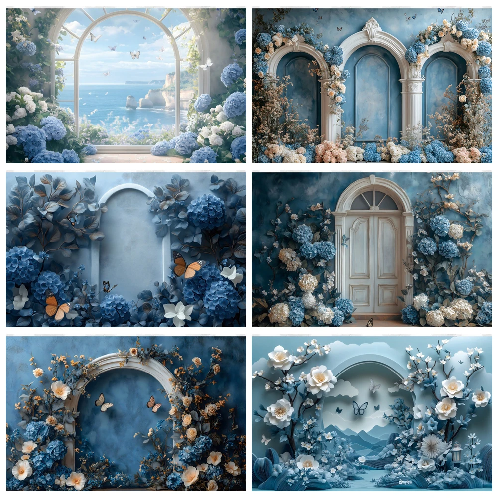 

Blue Flowers Butterfly Photography Background Spring Garden Floral Sea Child Birthday Party Portrait Decor Backdrop Photo Studio