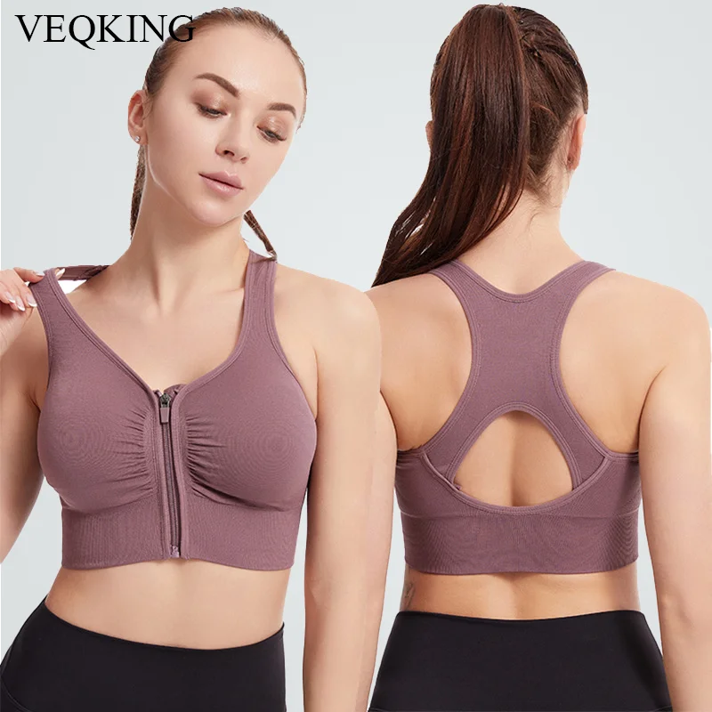 VEQKING Front Zipper Sports Bra Women Gathered Yoga Top Shockproof Bra Breathable Racer Back Bra Gym Fitness Boxing Bra