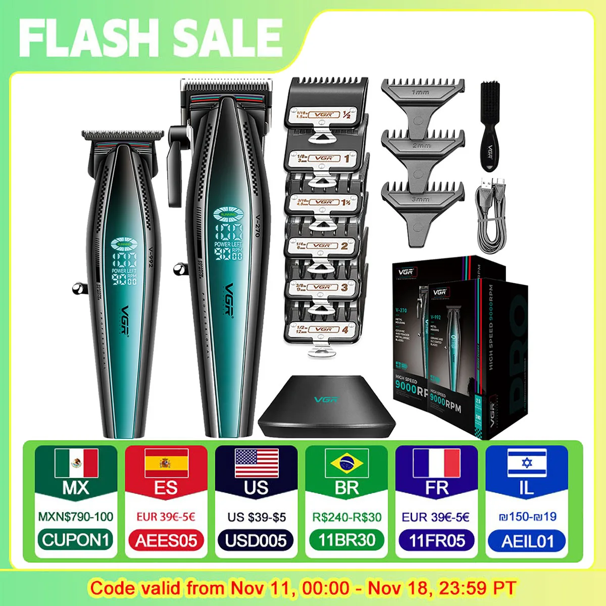 VGR Hair Clipper Professional Barber Trimmer Cordless DLC Blade Hair Cutting Machine 9000 RPM Hair Trimmer for Men V-992 V-270