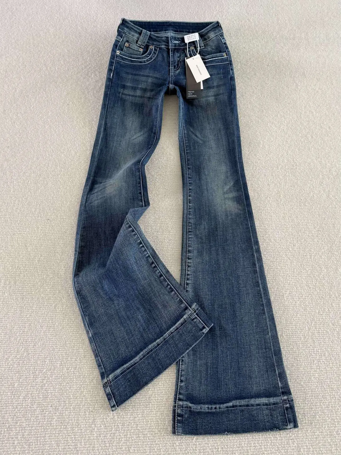 American Retro Dark Blue Flared Jeans Women Spring Autumn Chic Low Waist Slim Fit Denim Pants Sexy Spicy Girls Versatile Trouser