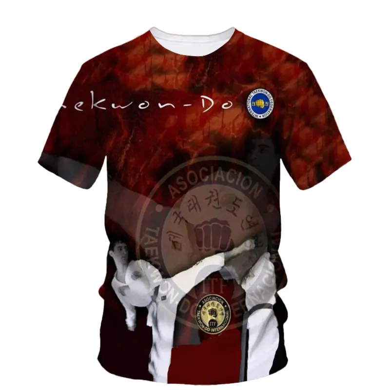 Customized Artificial Taekwondo Shirt with Martial Arts Sand Print, Round Neck Short Sleeved Top,  Quick Drying, Fashionable