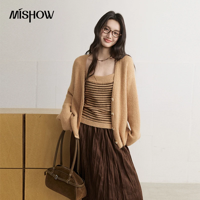 MISHOW Women's 2 Piece Sets Striped Cami Top V Neck Cardigan 2026 Autumn New Wool Blend Commuter Soft Petite Outfit MXF47T3291
