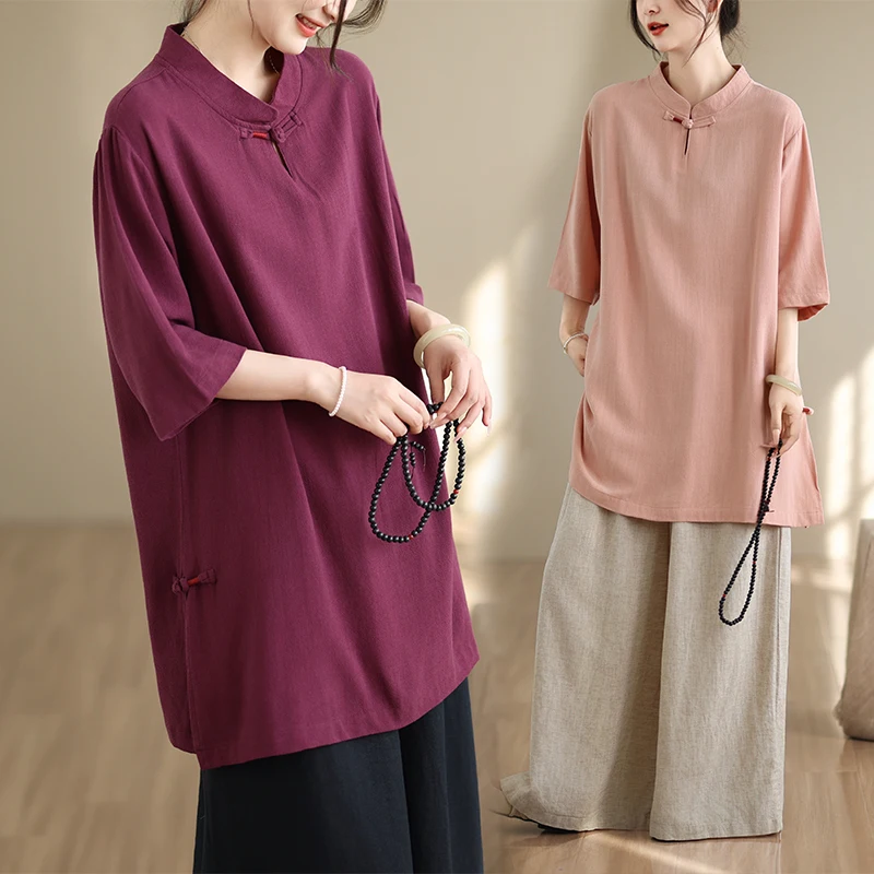 

New Summer Women's Shirt Traditional Chinese Button Five-Quarter Sleeve Overhead Tea Costume Mid-Length Loose Fit Commute Style