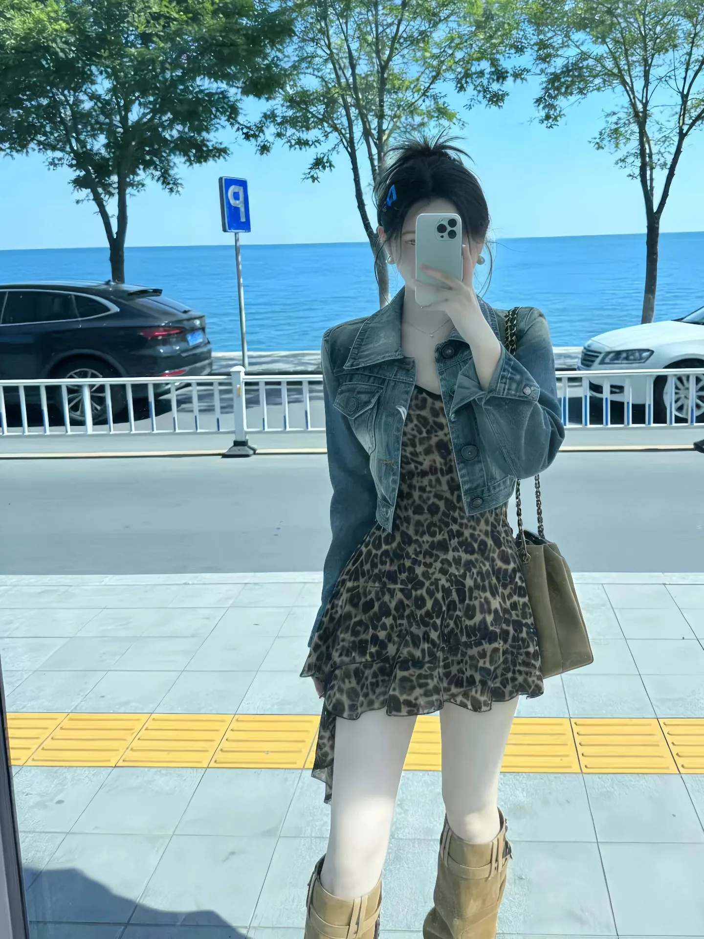

plus Size Leopard Print Dress Women's Summer 2026 Outerwear Short Jeans Jacket Set Irregular Design Elastic Long Sleeve