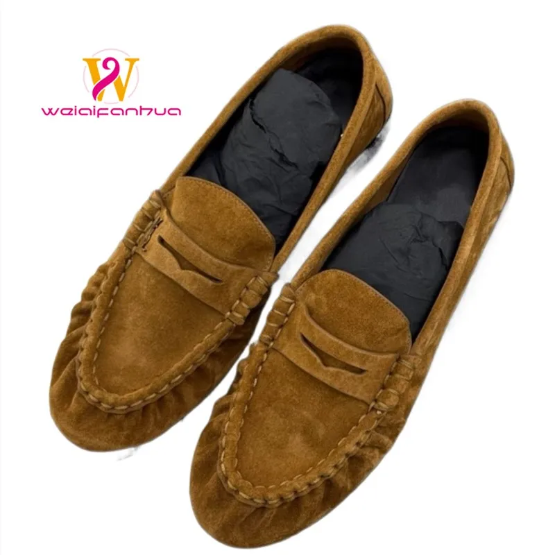 

New 2026 Style Suede Flat-bottomed Single Shoes for Women, Handmade Retro Pleated Low-heeled Ladies' Round-toe Shoes Loafers