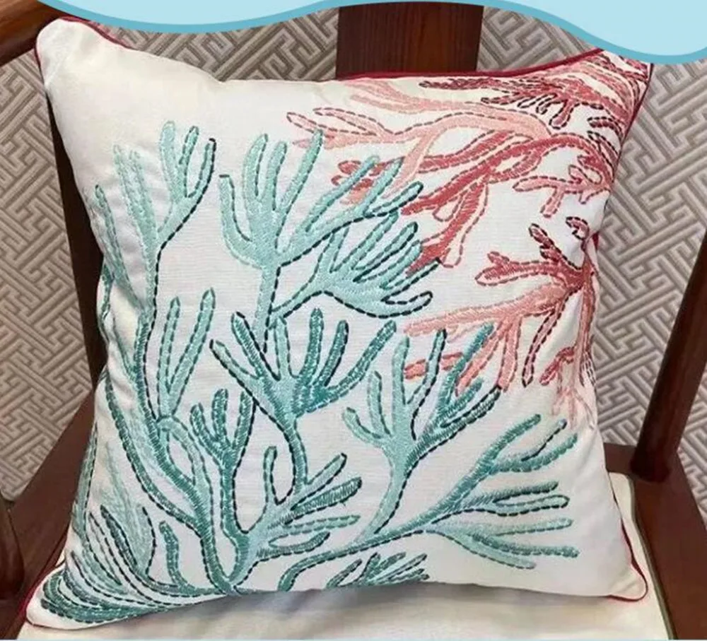 Beach Sea Ocean Octopus Coral Embroidered Pillow Cover Cushion Cover Cotton Pillowcase Flora Sofa Bedroom Home Decor