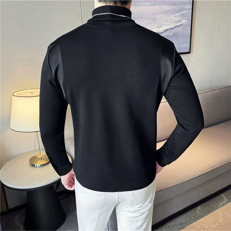 Turtleneck Stitching Long Sleeve T-shirt, Men's Thickening Stretch Fleece Bottoming Shirt, Fashion Slim-Fitting T-shirt