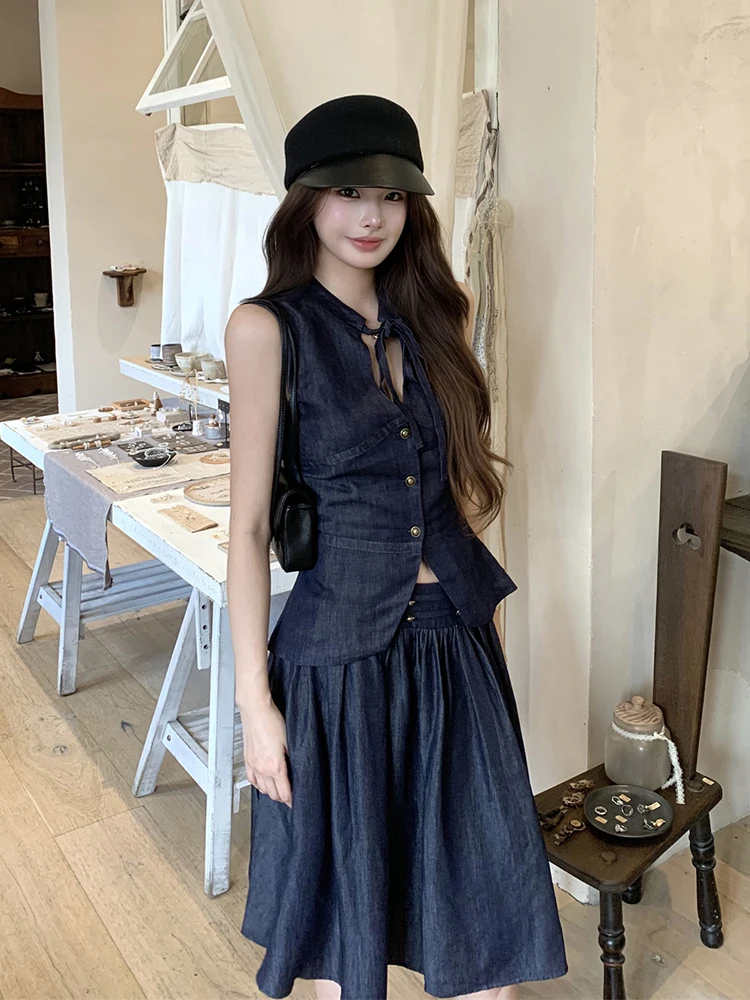 ReddaChic Denim Top Skirt Women Matching Set Vintage Midi Long Low Rise Pleat Skirt V-neck Sleeveless Tank Top Office Clothes