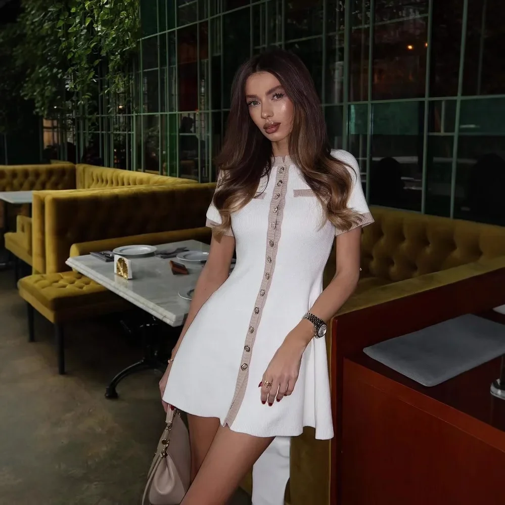 

2025 New Elegant Solid Single Breasted Mini Vestidos Women Chic Short Sleeves Color Contrast Knitted A-line Slim Dress Lady Wear