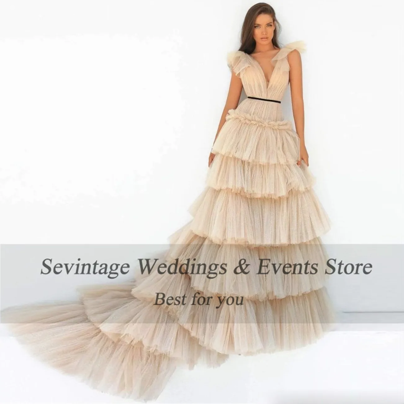 Sevintage Ivory Tulle Prom Dress A-Line Deep V-Neck Spaghetti Strap Tiered Ruched Formal Evening Dress Floor Length Party Gown