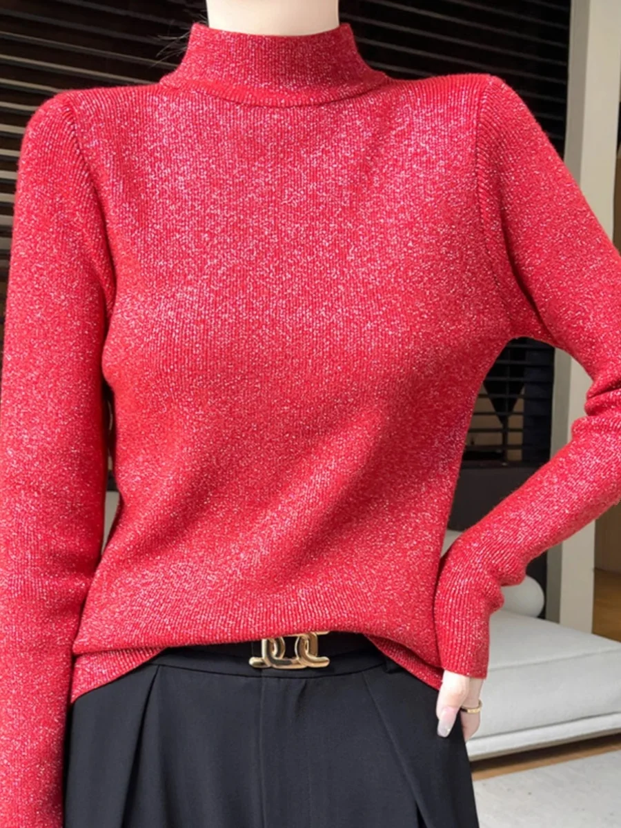 inje soie scintillante Faionable col semi-haut Base pour femmes irt vêtements intérieurs pull tricoté à la mode manteau assorti automne W...
