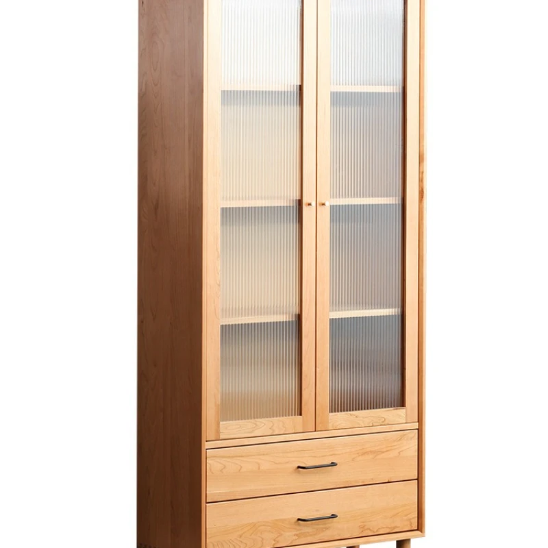 

Nordic pure solid wood high bookcase shelf Japanese cherry wood bookcase glass display cabinet log study locker