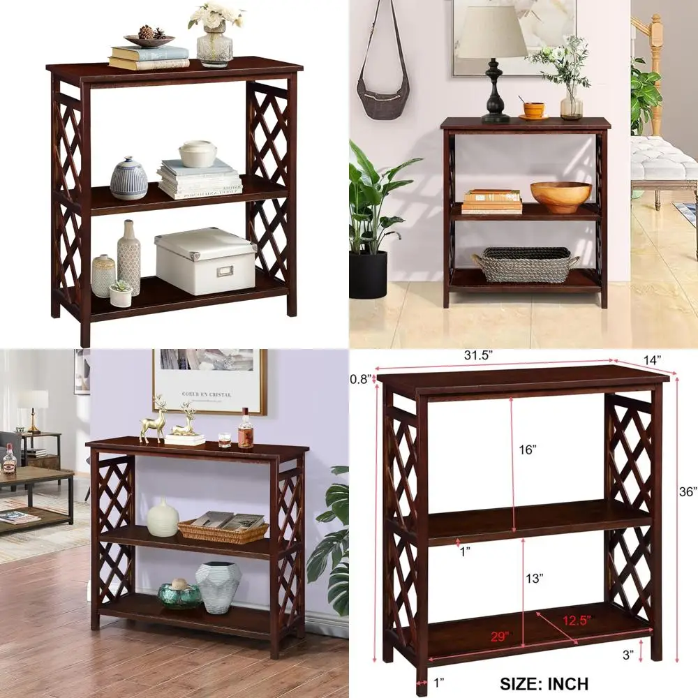 3-Tier Console Table with Storage Shelves and Solid Wood Legs, Open Bookshelf Bookcase for Hallway, Living Room, and Bedroom Use