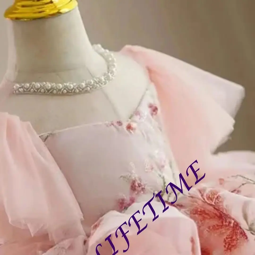 pink-flower-girl-dress-high-waist-knee-length-bowknot-pearls-wedding-birthday-first-communion-elegant-customized-dress