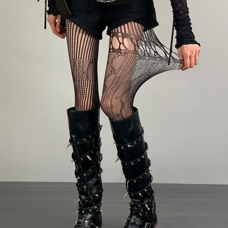 Women Y2K Subculture Aesthetic Pantyhose,Asymmetrical Gothic Punk Fishnet Tights, Dark Futuristic Harajuku High Street Stockings