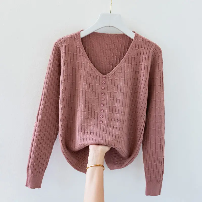 Women V-Neck Knitted Sweater Korean Fashion Autumn Winter Bottoming Pullover All-Match Vintage Long Sleeve Knitwear Pullover