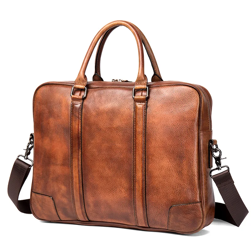 High Quality New Hand-Brushed Vegetable Tanned Leather Casual Men's Bag Business Briefcase Computer Handbag Fashion