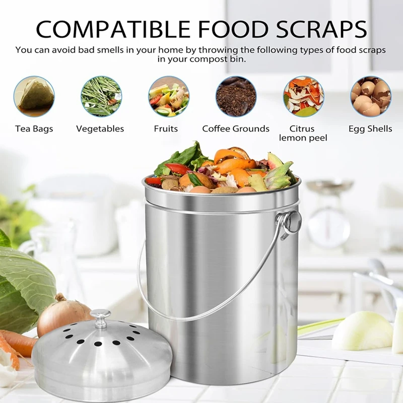 Compost Bucket For Kitchen Countertop,1.3 Gallon Stainless Steel Compost Bin Indoor With Lid, Odorless Food Waste Bucket