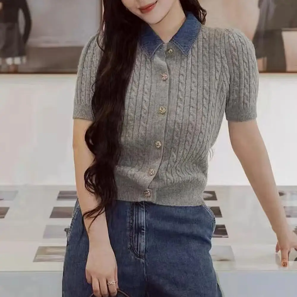 

Spring/Fall Women Contrast Denim Turn-down Collar Short Sleeve Gold Button Solid Knit Cardigan Slim Elegant Casual Knitwear Top