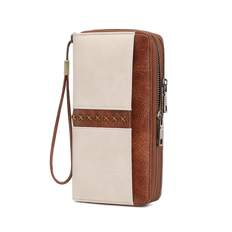 Western RDIF Blocking Double Zipper Contrast Color Long PU Leather Men Wallet Large Capacity Purse for Women