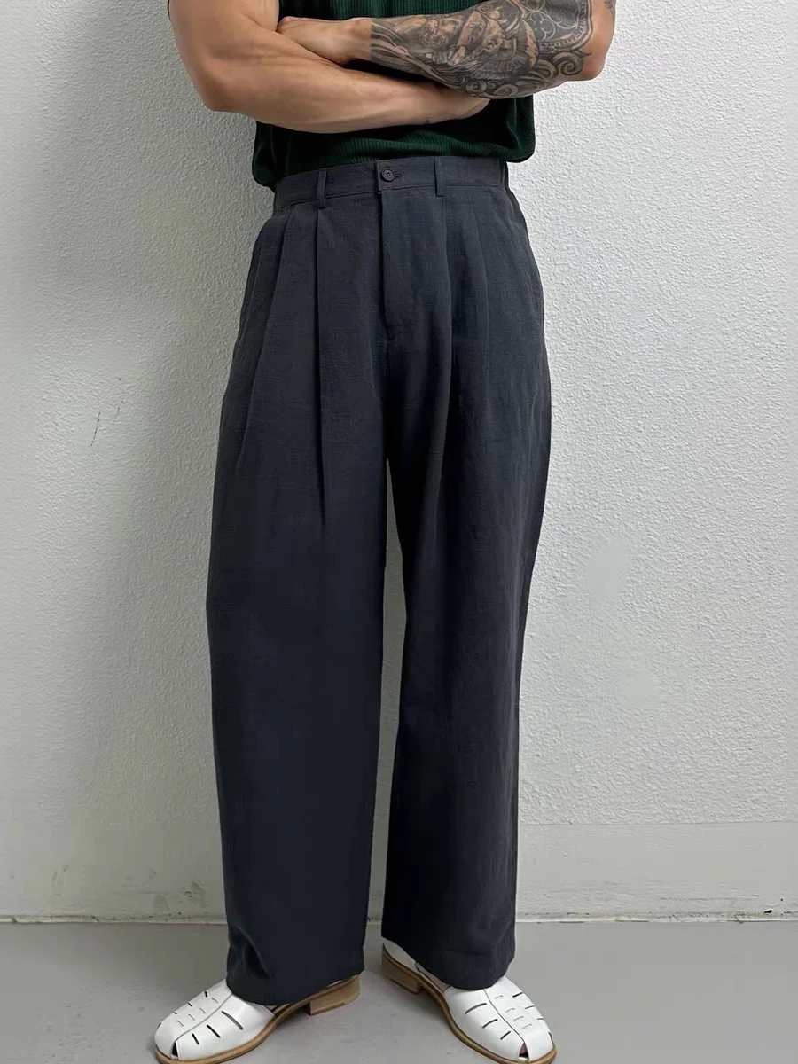 

Американская хлопково-льняная рабочая одежда, мужские свободные прямые плиссированные длинные брюки с защитой от солнца, тонкий дышащий повседневный костюм...