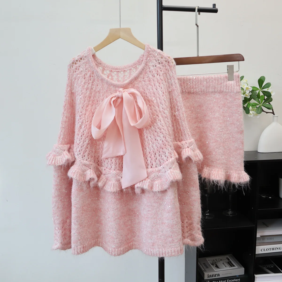 

Women Two Pieces Dress Set Knitted Matching Set Solid Ruffle Bow O Neck Pullover Short Skirt Loose Elegant Casual 2025 Autumn