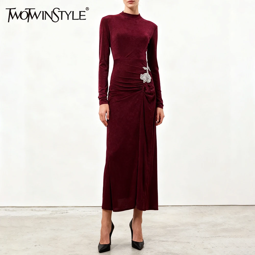 

TWOTWINSTYLE бархатные платья для похудения со сборками для женщин, женское платье с круглым вырезом и длинными рукавами, высокой талией, лоскутное платье из бисера