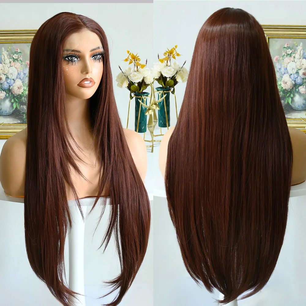 البني المحمر 13x4 العظام مستقيم الدانتيل شعر مستعار أمامي 30 بوصة الدانتيل الباروكة الأمامية للنساء الشعر غلويليس شعر مستعار اصطناعي