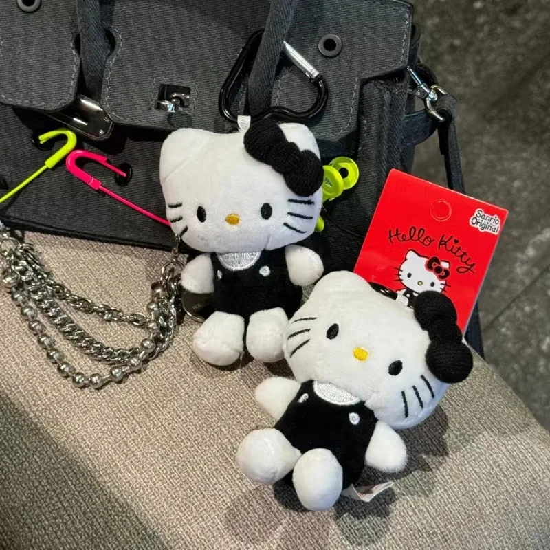 Sanrio Black White Hello Kitty Plush Doll Love Shaped KeychainGirl Cartoon Backpack Pendant  Cute Decoration Children Toy Gifts