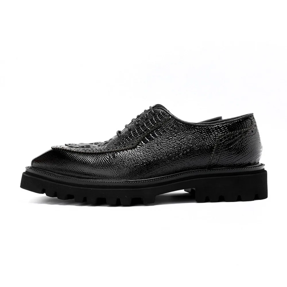 Genuine Cowhide Crocodile Pattern Men's Square Toe Lace up Thick Sole Height Increasing Business Formal Leather Oxford Shoes