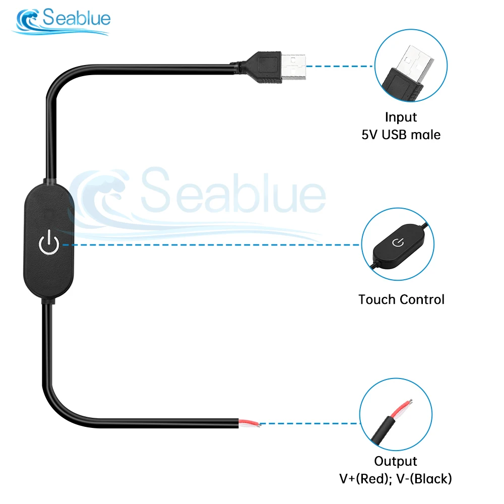 12V-24V 5V USB Touch Dimming Switch Cable 1.5M USB 2A to 2 Wire Output Dimmer Controller for Single Channel LED Strip Lights