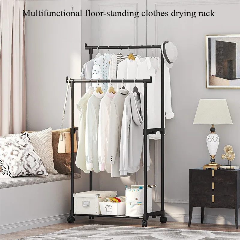 Plastic Floor Standing Clothes Rack with Wheels Double Single Rod Hat Shoe Storage Organizer Shelf Modern