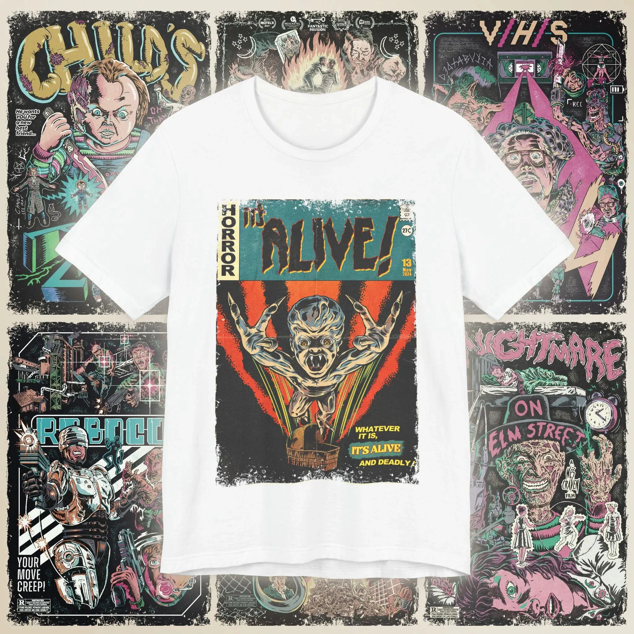 النمط الجمالي "إنه لا يزال على قيد الحياة" تي شيرت ريترو فيلم رعب نمط التي شيرت مطبوعة نمط تي شيرت كهدية لمحبي الأفلام
