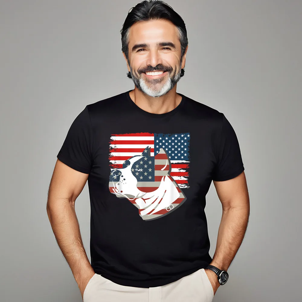 

Special Mens T-Shirt PITBULL Flag Shirt Patriotic American Tops Tees Pure Cotton Round Collar Short Sleeve Tee Shirt Street